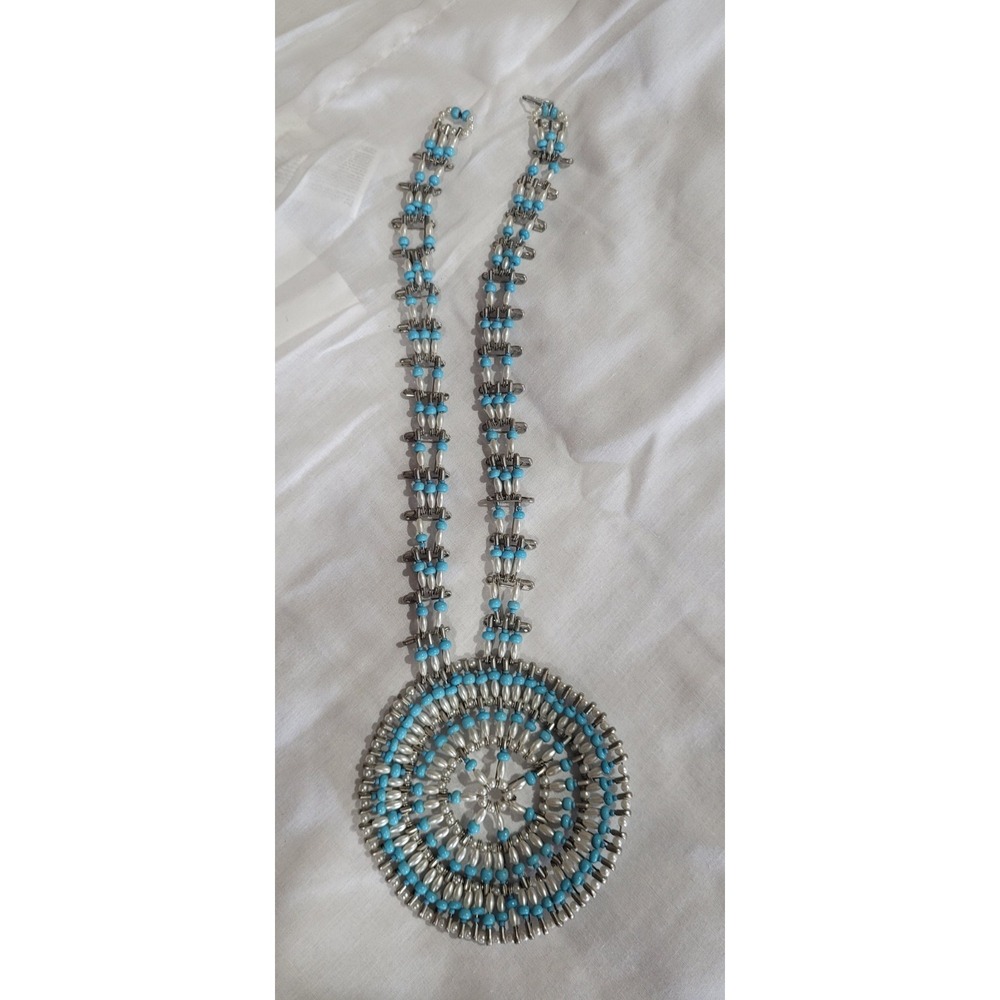 Vintage Safety Pin Turquoise Seed Bead Medallion Necklace SW Boho